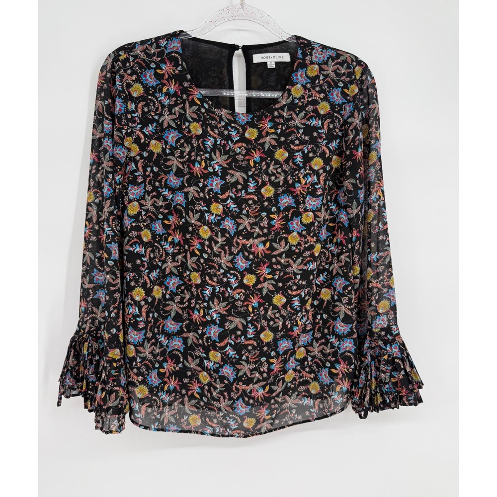 Rose + Olive Womens Black Floral Bell Sleeve Keyhole Back Blouse Sz M